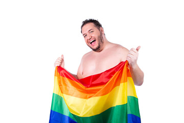 Funny fat man. Gay man and rainbow flag.