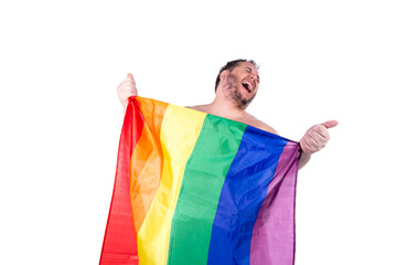 Funny fat man. Gay man and rainbow flag.