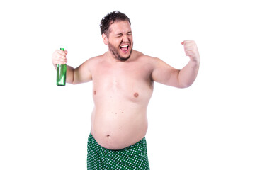 Funny fat man, football fan. White background.
