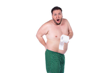 Restroom. Diarrhea and health problems. Funny fat man.