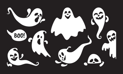 Cute ghost holiday characters flat style design vector illustration set isolated on black background. Halloween boo spooky symbol flying above the ground.