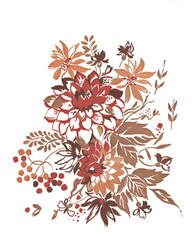 Floral composition with dahlias and rowan berries - Hand drawn autumn bouquet isolated on white background
