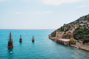 Sailboat in the sea on a beautiful day, luxury summer adventure, active vacation in Mediterranean sea, Turkey