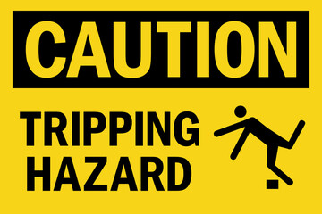 Tripping hazard caution sign. Black on yellow background. Health safety signs and symbols.