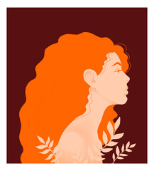 Portrait of a European woman with long orange hair Profile portrait of woman with leaves Bold Elegant Strong Independent woman International Women's Day Fight for rights independence equality