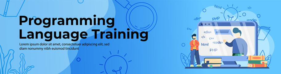 Programming language training Web Banner Design.Student watching mentor on screen. E-Learning, digital education, digital education platform header or footer banner.