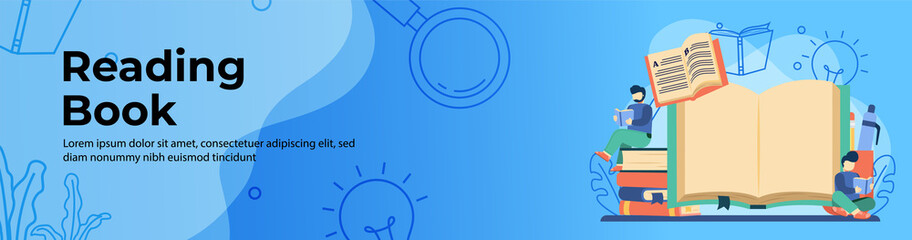 Student Reading Book Web Banner Design.student sit on stack of book with Big Open Book. Education, back to school header or footer banner.