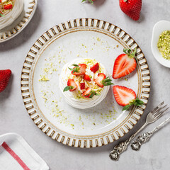 Perfect mini Pavlova cake with whipped mascarpone cream and fresh strawberry slices, sprinkled with crushed pistachios. top view	
