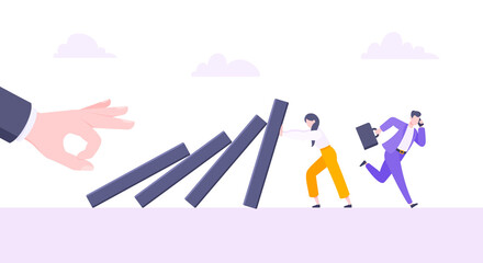 Business resilience or domino effect metaphor vector illustration. Giant hand starts chain reaction of falling domino line and businesswoman trying to stop it. Problem solving stopping chain reaction.