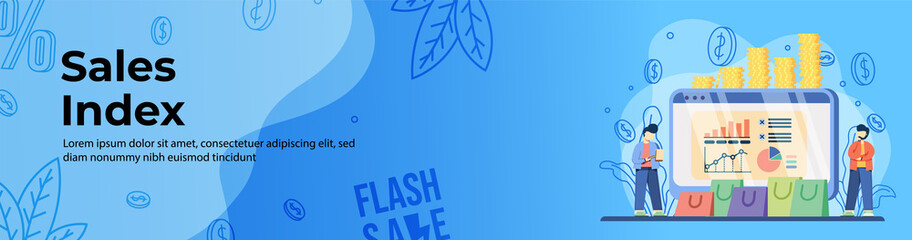 Sales Index Web Banner Design. A man analyzes the forecast sales chart. E-Commerce, Online Shopping header or footer banner.