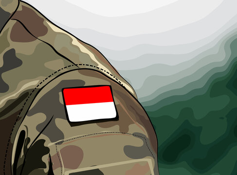 Flag Of Indonesia On Soldier Arm. Indonesian National Armed Forces