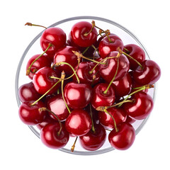 glass bowl of sweet cherry fruits isolated on white background