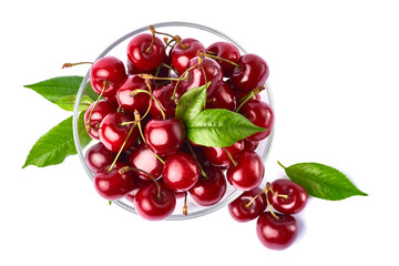 glass bowl of sweet cherry fruits isolated on white background