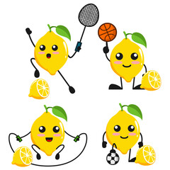 vector illustration of cute lemon fruit sports theme bundle set. cute lemon fruit Concept White Isolated. Flat Cartoon Style Suitable for Landing Page, Banner, flyer, Sticker.