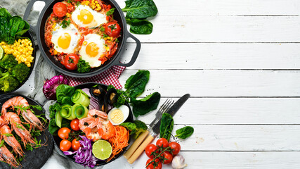 Food. Set of dishes on the table. Traditional cuisines of the world. Top view. Free space for your text.