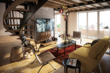 Attic Loft Conversion With Spiral Staircase & Home Cinema (concept) - 3d visualization