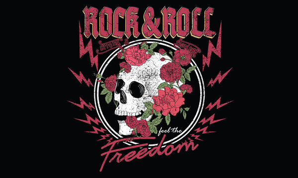 Rock and roll skull flower vector artwork design. Retro rock music. vintage rock and roll t-shirt design. 