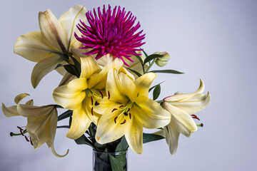 Bouquet of flowers lilies and dahlias close up