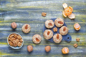 Delicious homemade walnut and jam cookies.