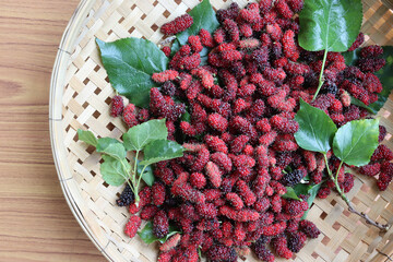 Mulberry fruits fresh with green leaves in wicker basket isolated on wooden background closeup.