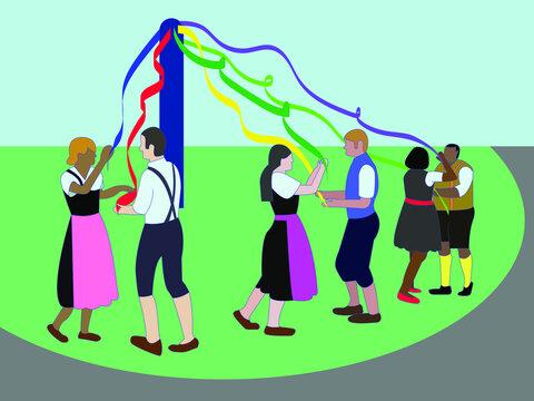 Celebrating May Day. Girls and men dance by the maypole.

