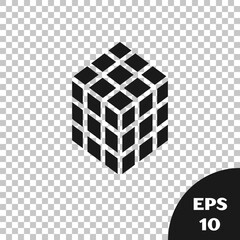 Black Rubik cube icon isolated on transparent background. Mechanical puzzle toy. Rubik's cube 3d combination puzzle. Vector