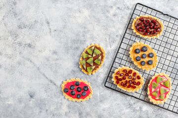 Homemade desserts with blueberries,kiwi slices and pomegranate seeds.