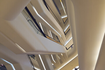 Low angel view of escalator complex in an empty department store