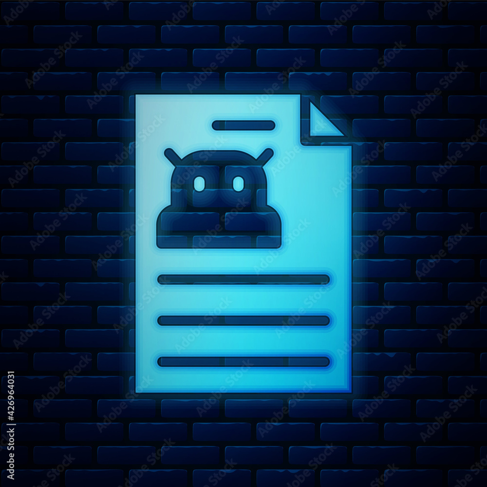 Poster glowing neon technical specification icon isolated on brick wall background. technical support check