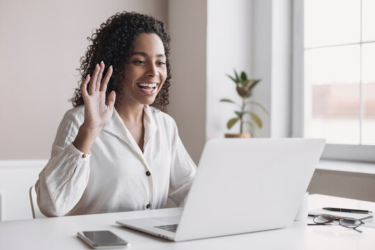 Meeting online. Woman having web conference chat, Work or study from home, freelance, online video conferencing, web chat meeting, distance learning, dating online concept