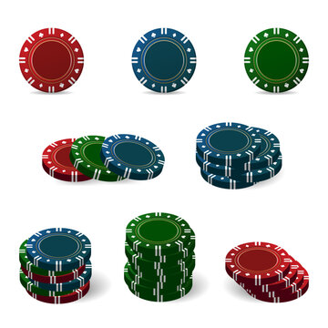 Colorful bright casino chips for poker or roulette. Elements to design logo, website or banner. Vector illustration isolated on white background.