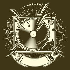 Funky monochrome turntable music emblem