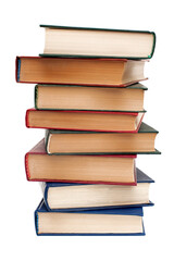 Stack of old books isolated on white background. Vertical photo 