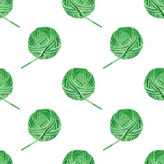 Pattern with green balls of thread. The theme of the hobby of knitting and crocheting. Watercolor hand-drawn illustrations on a white background. For handmade craftsmen, for knitters blog design.