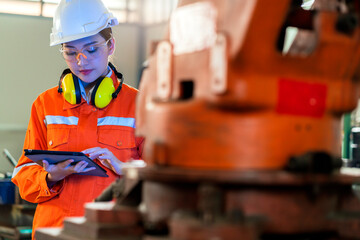 asian female engineer specialist with Measuring machine with a manipulator arm.Three-dimensional...