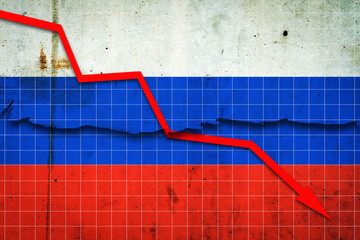 Fototapeta premium Fall of the Russia Economy. Recession graph with a red arrow on the Russia flag. Economic decline. Decline in the economy of stock trading. Downward trends in the economy.