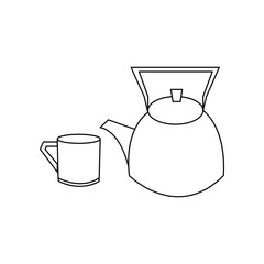 Linear black white kettle and mug icon. Can be used as a sticker, symbol or sign. Simple stock vector illustration isolated on white background. Outline teapot and cup for hiking, traveling, walking