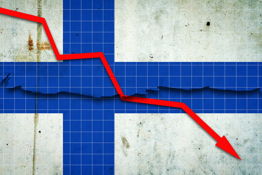 Fall of the Finland Economy. Recession graph with a red arrow on the Finland flag. Economic decline. Decline in the economy of stock trading. Downward trends in the economy. - Powered by Adobe