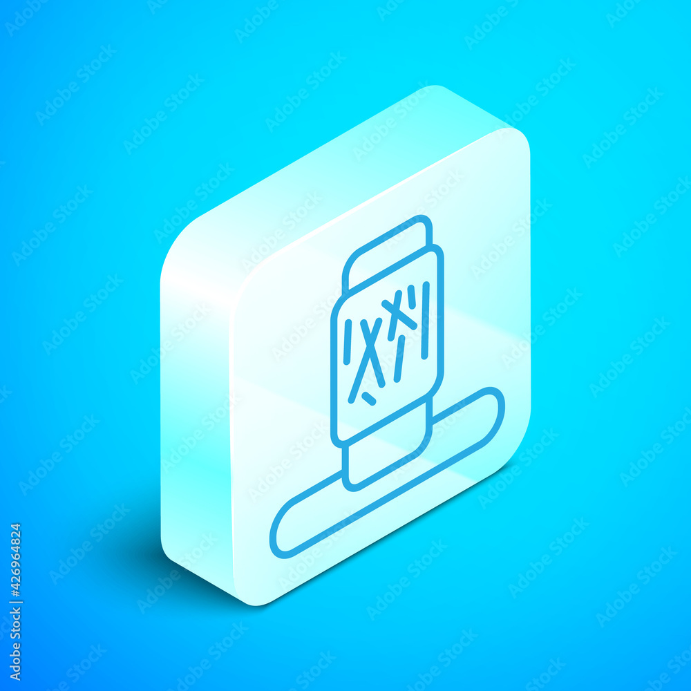 Poster isometric line cat scratching post with toy icon isolated on blue background. silver square button. 
