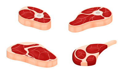 A set of pieces of raw meat with layers of fat. Knuckle with bone, shoulder blade, fillet. Fresh meat ingredients. Flat cartoon vector illustration isolated on a white background.
