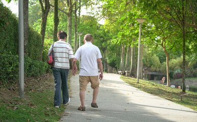 Obraz premium Senior couple walking in the park. Back view.