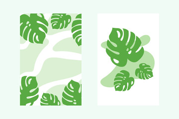 Set of natural plant banners, with green monstera leaves, minimalist botanical posters. Background for interior design, tropical posters, with leaves and branches. Monstera banners blue, green colors.
