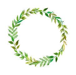 watercolor wreath of green spring branches and leaves