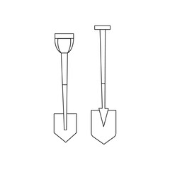 Linear black white shovels icon. Can be used as a sticker, symbol or sign. Simple stock vector illustration isolated on white background. Outline two shovels for hiking, traveling, gardening.