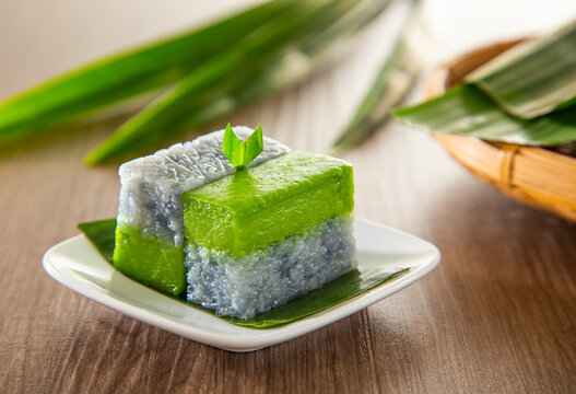 Kuih talam or Kuih Seri Muka, traditional Malaysian Nyonya sweet cake. Also know as Pandan coconut layered cake.