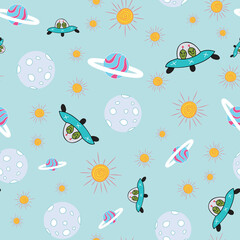 Outer space abstract repeat pattern on pastel blue