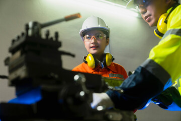 engineer cooperation Two asian maintenance engineers men and women inspect relay protection system...
