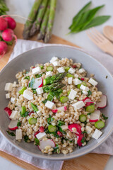 healthy spring salad with asparagus, barley and cheese