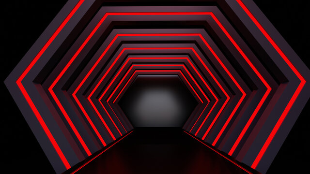 3d Render Abstract corridor Hexagon red Neon Glowing Background