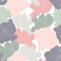 Seamless pattern with line green, pink, grey tulips flowers silhouette on white background.
